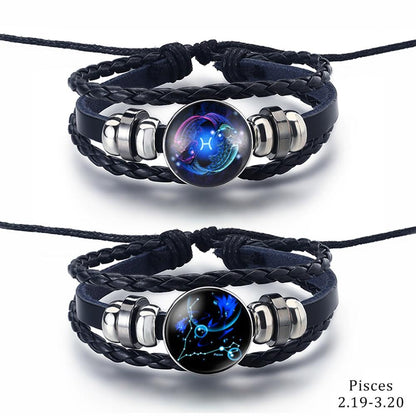 2PCS/Sets 12 Constellations Stainless Steel Leather Bracelet Charm 12 Zodiac Titanium Steel Bracelets Bangles Cuff Bracelet