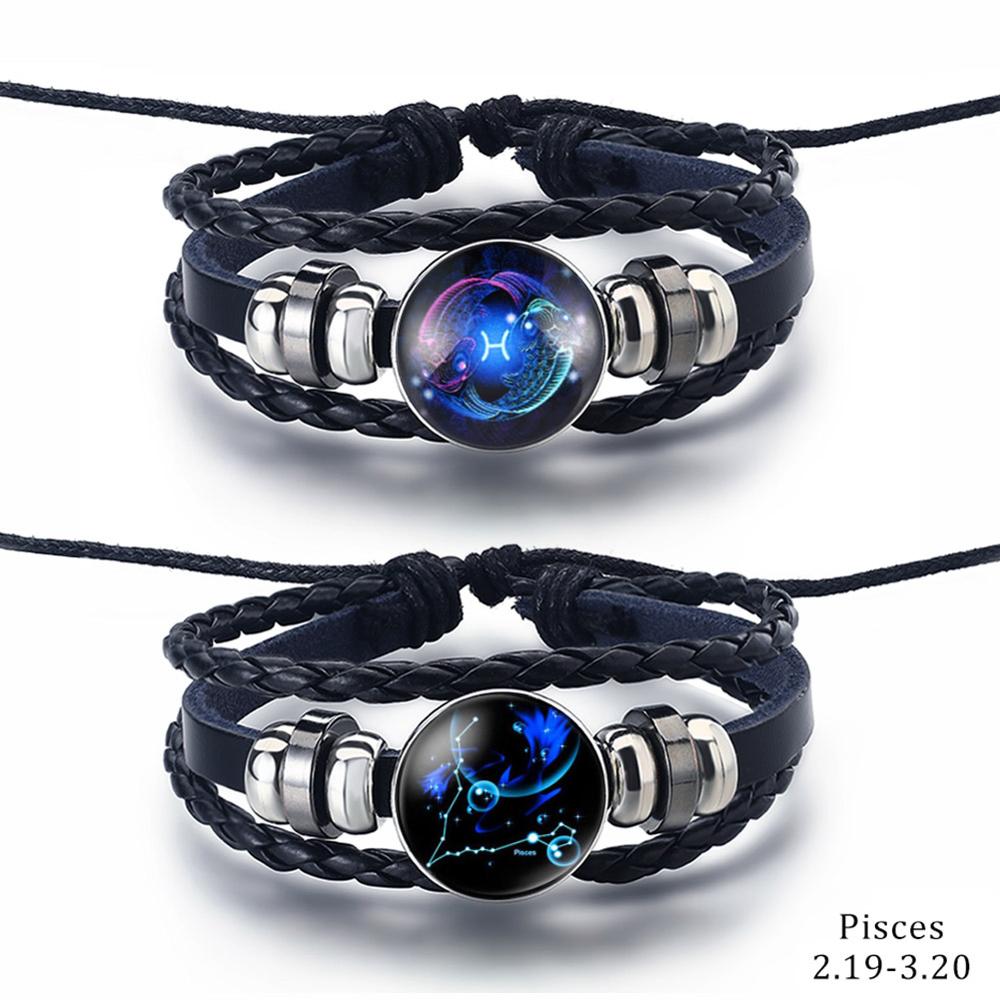 2PCS/Sets 12 Constellations Stainless Steel Leather Bracelet Charm 12 Zodiac Titanium Steel Bracelets Bangles Cuff Bracelet