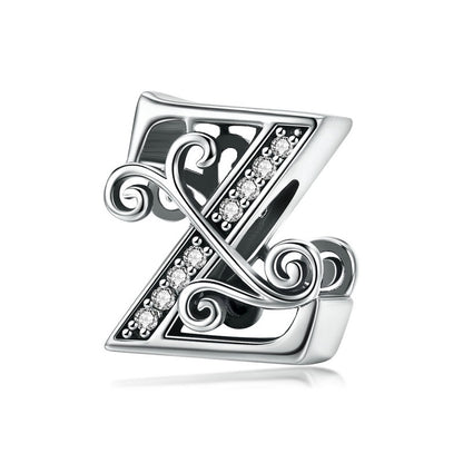 BAMOER 925 Sterling Silver Letter Vintage A to Z 26 Letter Charms Openwork CZ Alphabet Beads Fit Charm Bracelet BSC030