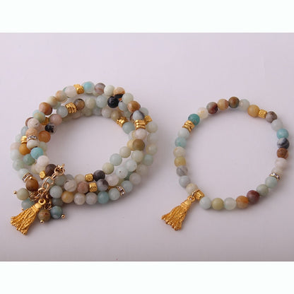 New Design Energy Bracelets 6mm Amazonite Natural Stone Metal Tassel Bracelet