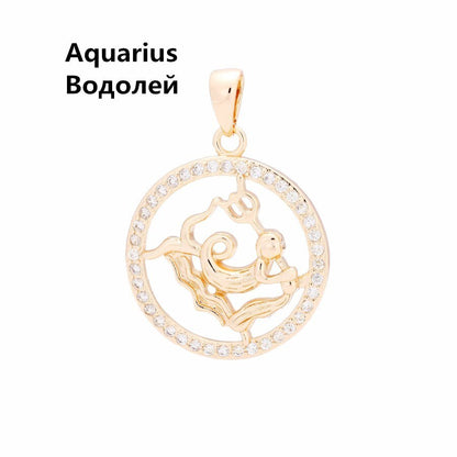 585 Rose Gold Color Women Enamel Round Cubic Zircon 12 Zodiac Pendants Constellation Jewelry