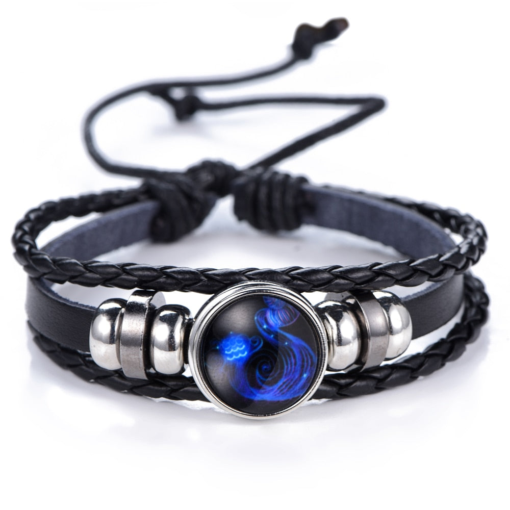 DropShipping Gemini Cancer Leo Virgo Libra Scorpio 12 Constellation Black punk Leather Bracelet Zodiac Bracelet for Men Women