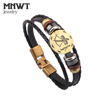 MNWT Fashionable Bronze Alloy Buckles Zodiac Signs Bracelet Men Casual Personality Lover Charm Jewelry Leather Punk Bracelets