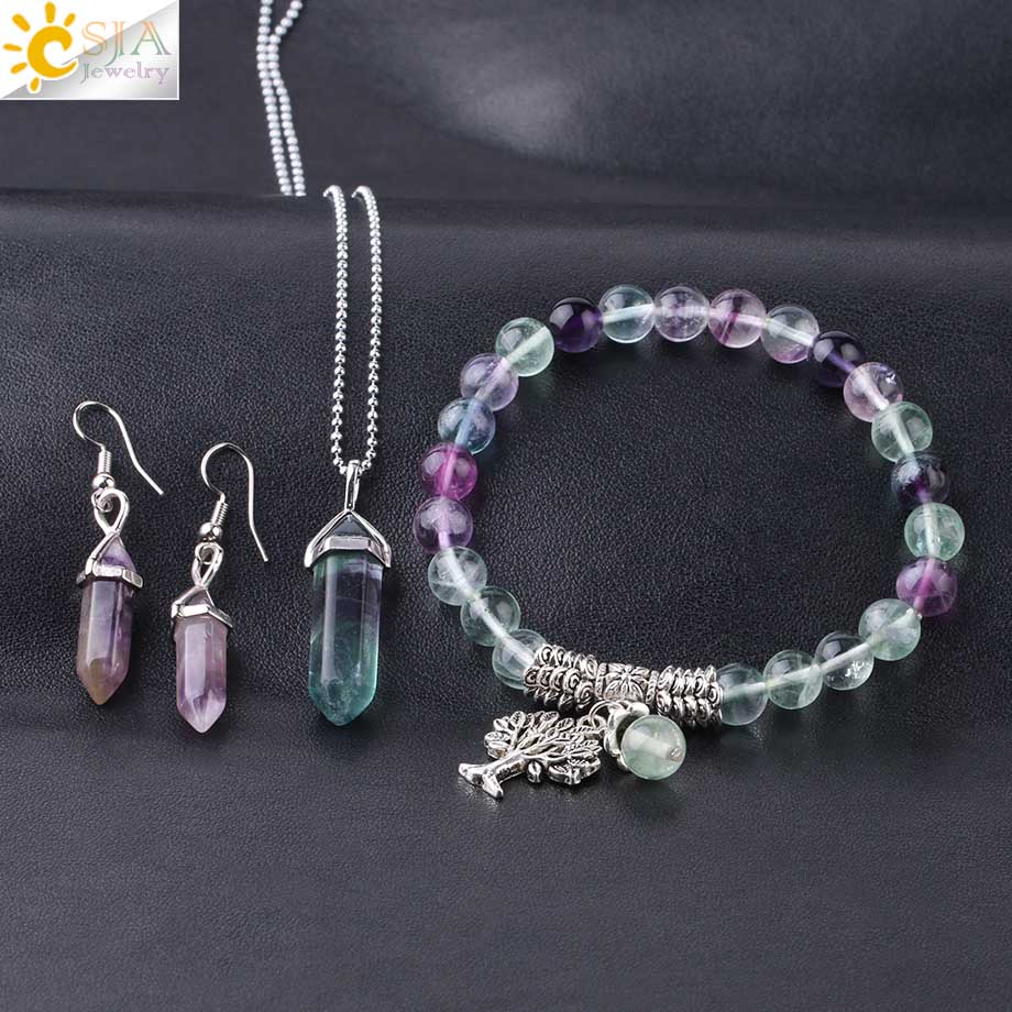 CSJA Reiki Natural Stone Jewelry Set for Women Men Fluorite Bracelet Hexagonal Bullet Shape Necklace Purple Crystal Earring F644