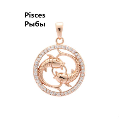 585 Rose Gold Color Women Enamel Round Cubic Zircon 12 Zodiac Pendants Constellation Jewelry