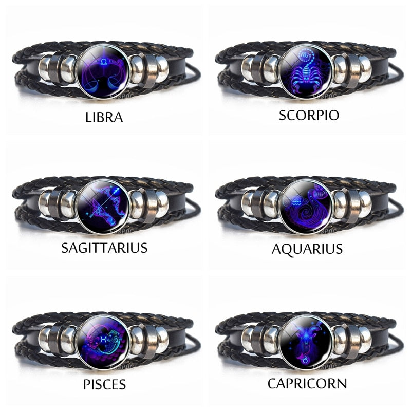 Luminous 12 Zodiac Signs Bracelet Men Women Punk Leather Bracelet Constellation Bracelet Zodiac Jewelry for Birthday Day Gift