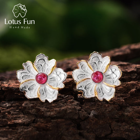 Lotus Fun Real 925 Sterling Silver Earrings Natural Gemstone Original Handmade Fine Jewelry Peony Flower Stud Earrings for Women