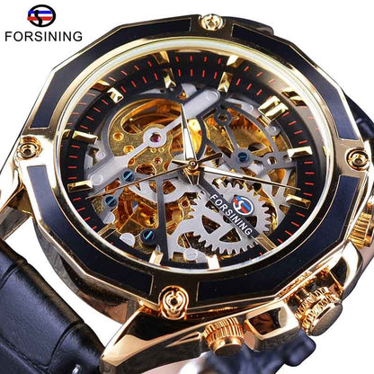 Forsining 2018 Royal Golden Skeleton Display Blue Hands Brown Genuine Leather Belt Mens Mechanical Wristwatches Clock Male