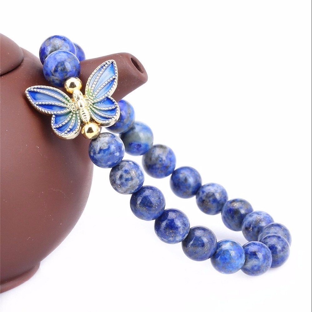 Lapis Natural Stone 8mm Bead Bracelet Butterfly Women Stretch Elastic Bracelet