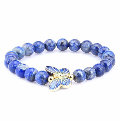 Lapis Natural Stone 8mm Bead Bracelet Butterfly Women Stretch Elastic Bracelet