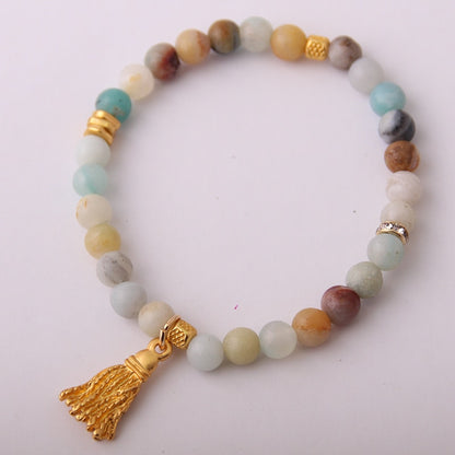 New Design Energy Bracelets 6mm Amazonite Natural Stone Metal Tassel Bracelet