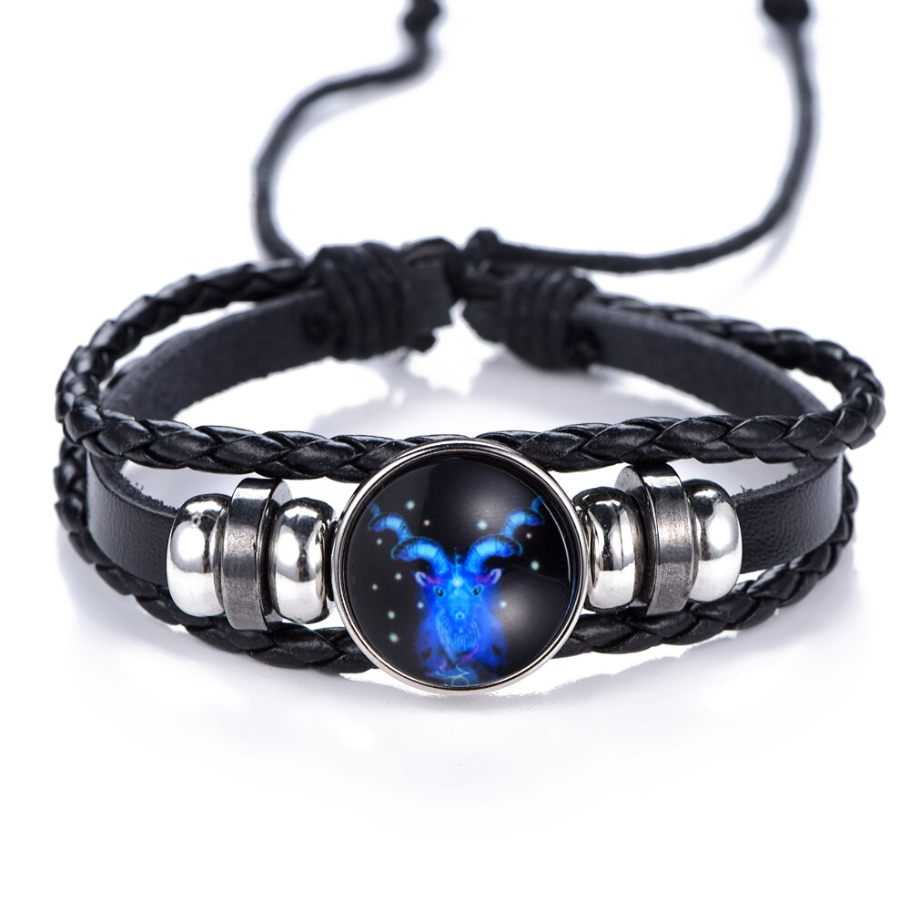 DropShipping Gemini Cancer Leo Virgo Libra Scorpio 12 Constellation Black punk Leather Bracelet Zodiac Bracelet for Men Women