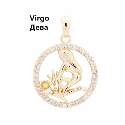 585 Rose Gold Color Women Enamel Round Cubic Zircon 12 Zodiac Pendants Constellation Jewelry