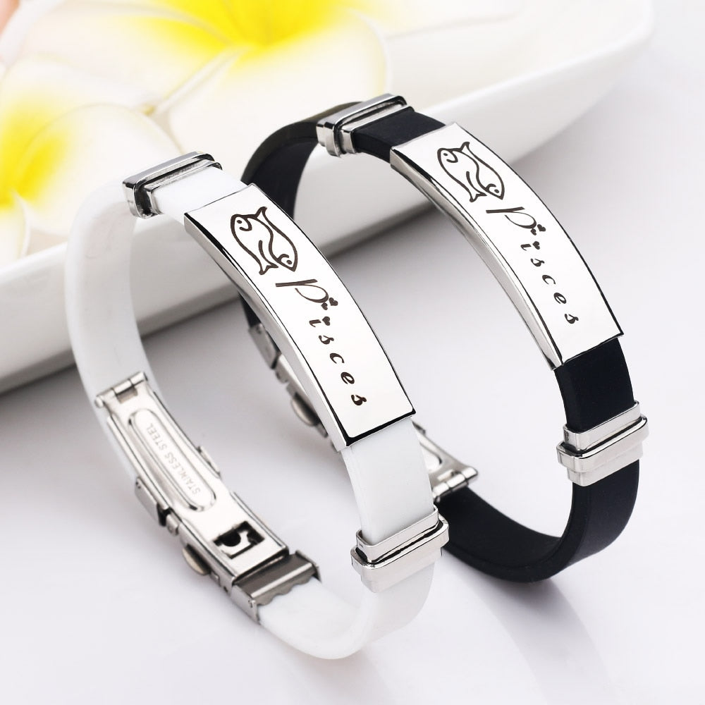 12 Constellations Signs Stainless Steel Bracelets Women Rubber Charm 12 Zodiac Casual Personality Cuff Bracelets for Women