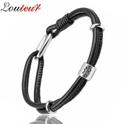 Mens Genuine Constellation Bracelet Leather Bracelet for Men Bracelet Aquarius/Virgo/Scorpio/Libra 12 Zodiac Signs Bracelet