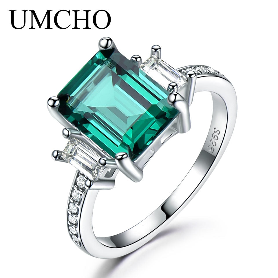 UMCHO Green Emerald Genuine 925 Sterling Silver Rings for Women Promise Princess Gemstone Ring Wedding Romantic Jewelry Gift New