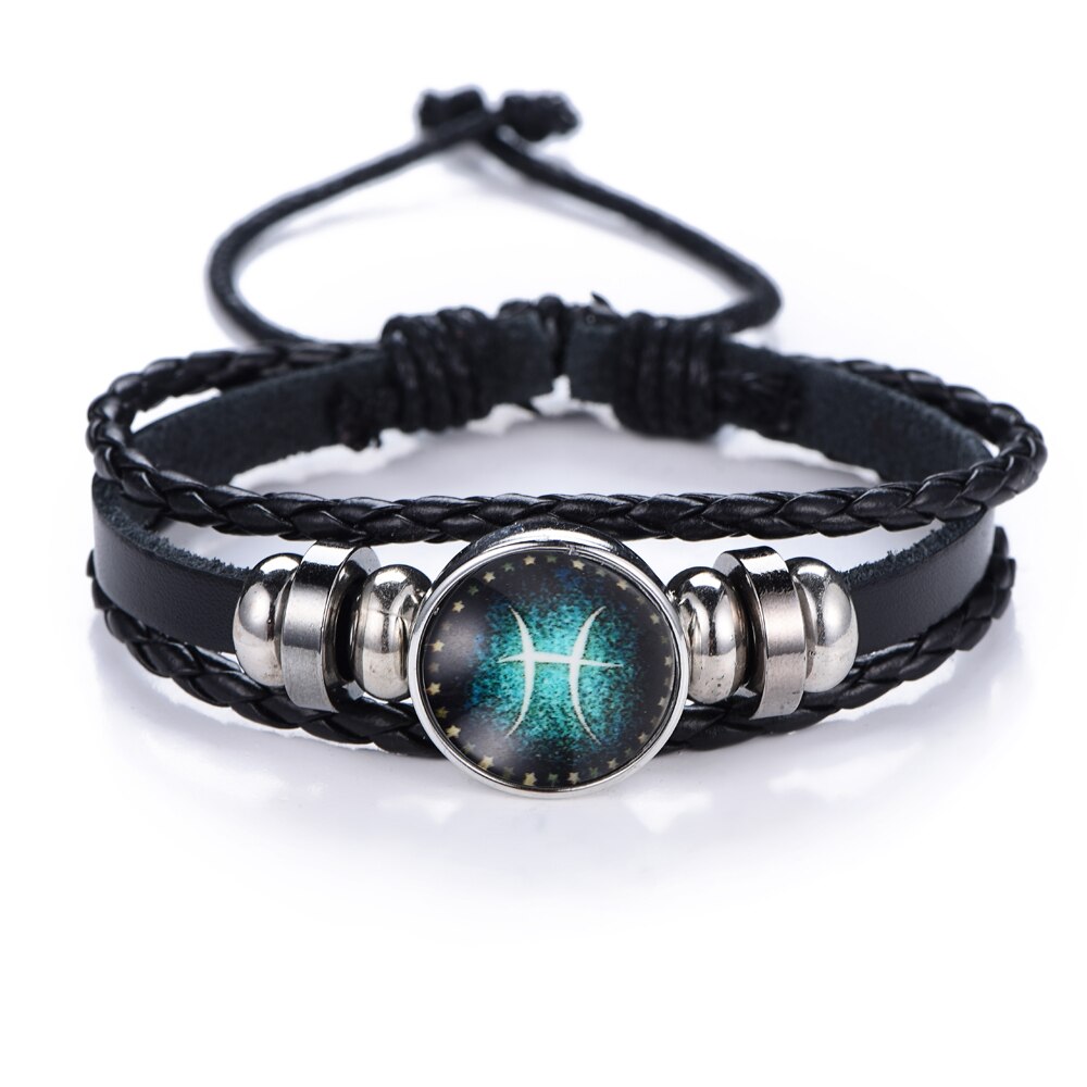 NEW Fashion 12 Constellations Leather Zodiac Sign with beads punk Bangle Bracelets For Men Boys Jewelry Travel Accessories Gifts