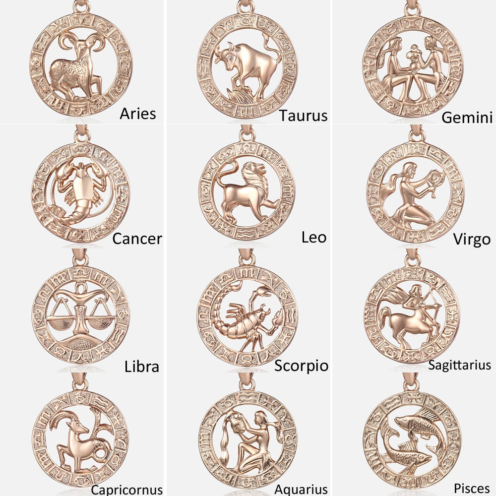 12 Zodiac Sign Constellations Pendant Necklace For Women Men 585 Rose Gold Color Necklace  Birthday Gifts Drop Shipping GPM16A