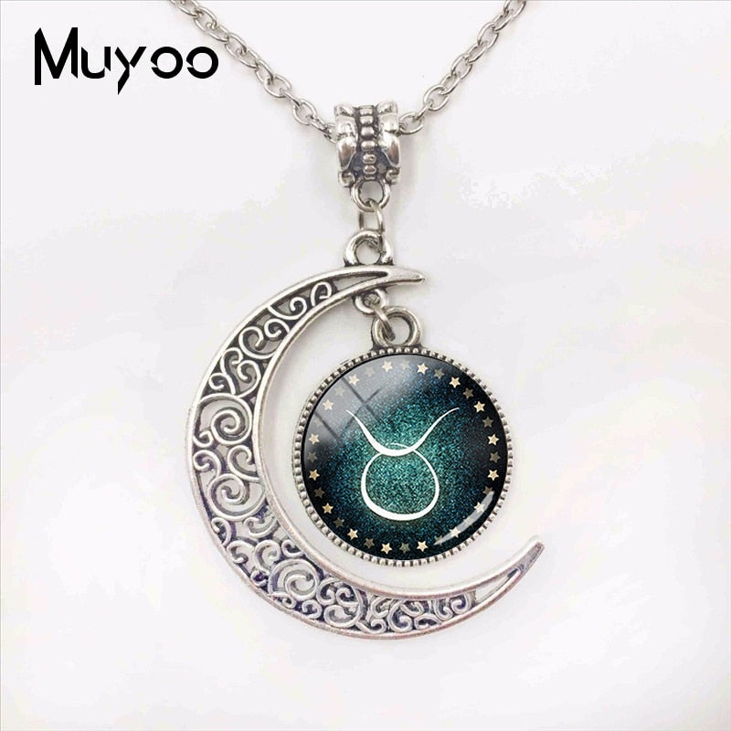 Handmade Fashion Jewelry 12 Zodiac Signs Moon Pendants Glass Dome Pisces Aquarius Zodiac Signs Jewelry Pendant Necklace