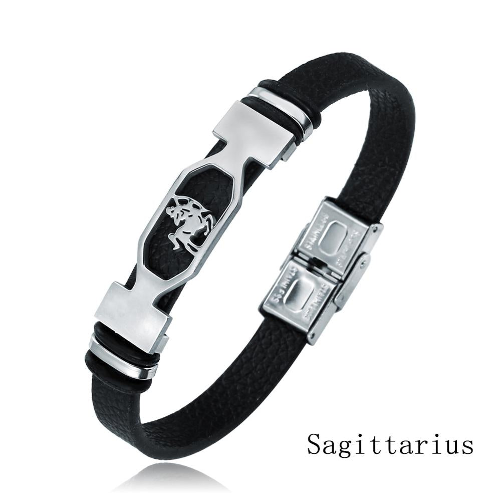 12 Constellation Stainless Steel Cuff Bracelet Men Women Zodiac Sign Black Leather Wrap Bracelet Jewelry Pulseras Hombre