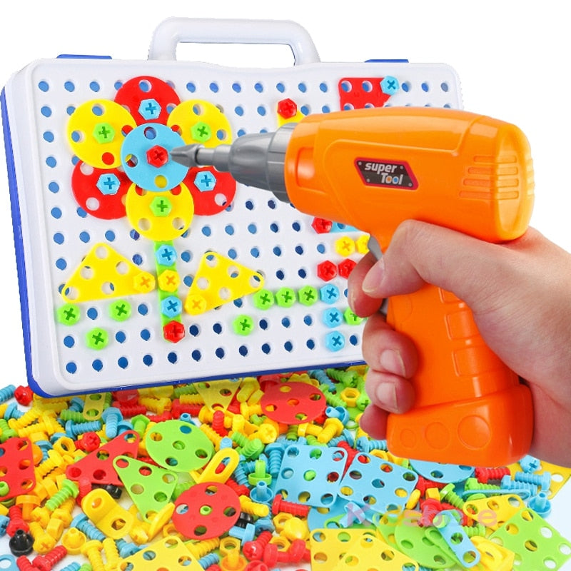 Drilling Screw 3D Creative Mosaic Puzzle Toys For Children Building Bricks Toys Kids DIY Electric Drill Set Boys Educational Toy