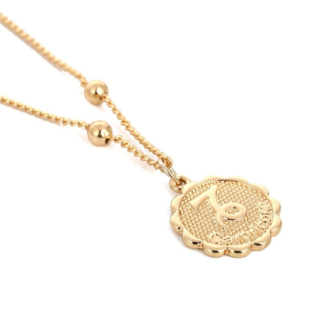 Ingemark 12 Zodiac Constellation Carve Coin Pendant Necklace Simple Copper Leo Beads Clavicle Chain Necklace Sexy Couple Jewelry