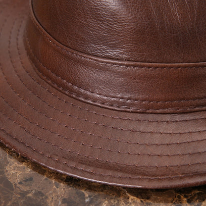 Male 100% Genuine Leather Jazz Hat Adult Fedoras Hat Male Sheepskin Fedoras Cap Men&#39;s Wide Brim Leather Cowboy Hat B-7284