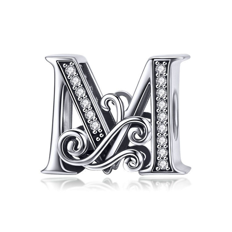 BAMOER 925 Sterling Silver Letter Vintage A to Z 26 Letter Charms Openwork CZ Alphabet Beads Fit Charm Bracelet BSC030