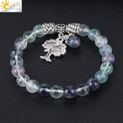 CSJA Reiki Natural Stone Jewelry Set for Women Men Fluorite Bracelet Hexagonal Bullet Shape Necklace Purple Crystal Earring F644