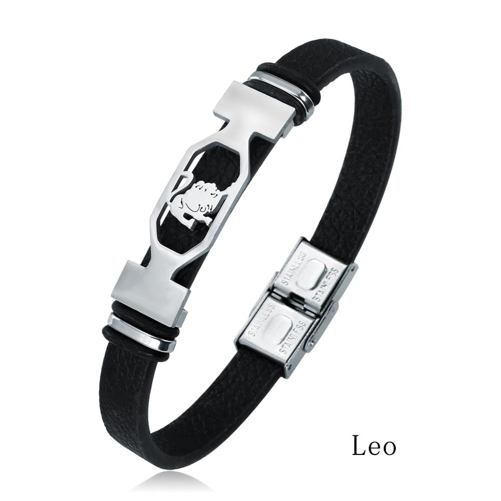 12 Constellation Stainless Steel Cuff Bracelet Men Women Zodiac Sign Black Leather Wrap Bracelet Jewelry Pulseras Hombre