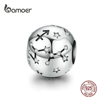 BAMOER Vintage 925 Sterling Silver Twelve Constellations Star Sign Zodiac Beads Charms fit Charm Bracelet Neckalce DIY