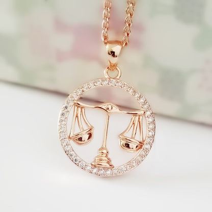 585 Rose Gold Color Women Enamel Round Cubic Zircon 12 Zodiac Pendants Constellation Jewelry