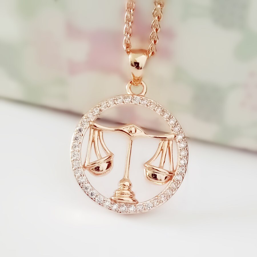 585 Rose Gold Color Women Men Round Cubic Zircon 12 Zodiac Pendants Constellation Jewelry