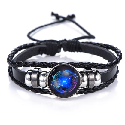 DropShipping Gemini Cancer Leo Virgo Libra Scorpio 12 Constellation Black punk Leather Bracelet Zodiac Bracelet for Men Women