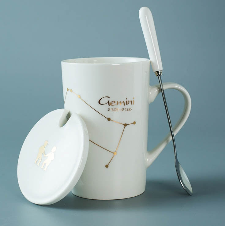 Ceramic Mugs 12 Constellations Creative Mugs with Spoon Lid Black and Gold Porcelain Zodiac Milk Coffee Cup Drinkware