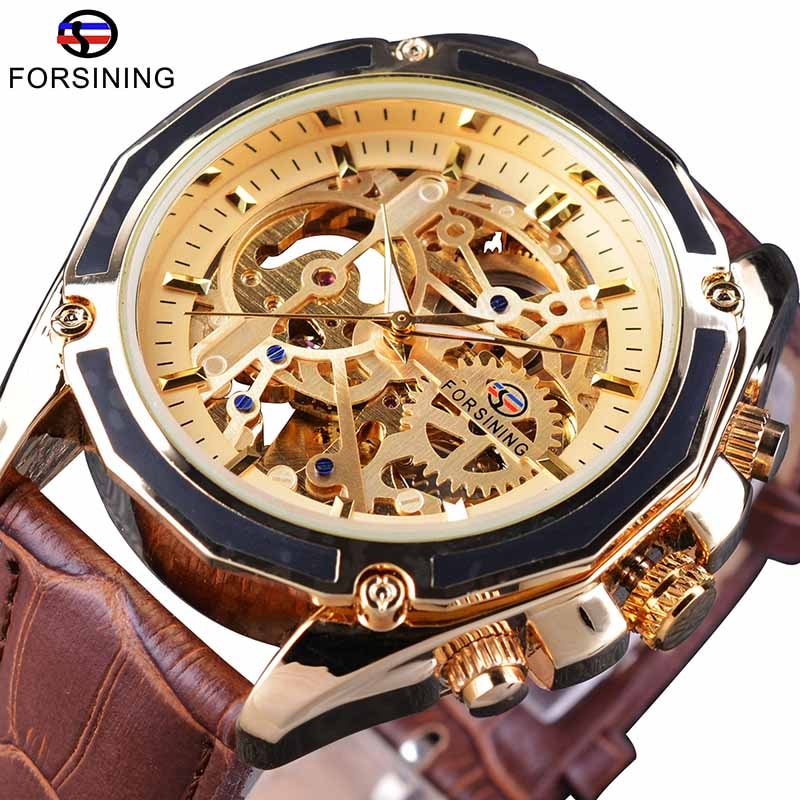 Forsining 2018 Royal Golden Skeleton Display Blue Hands Brown Genuine Leather Belt Mens Mechanical Wristwatches Clock Male