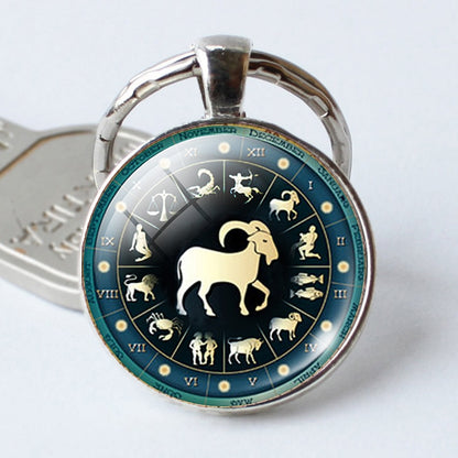 Time 12 Constellation Jewelry Key Chains Zodiac Signs Keychain Key Rings Bag Car Round Glass Cabochon Pendant Man Woman Gift