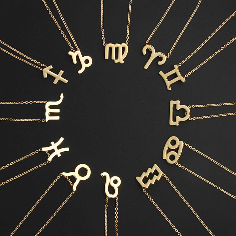 12 Zodiac Sign Necklaces With Cardboard Constellations Pendant Gold Color Chains Choker For Women Birthday Fashion Jewelry