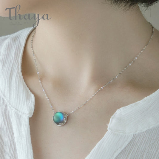 Thaya 45cm Crystal Gemstone s925 Silver Aurora Necklace Halo Scale Light Forest Women Pendant Necklace for Girl Elegant Jewelry