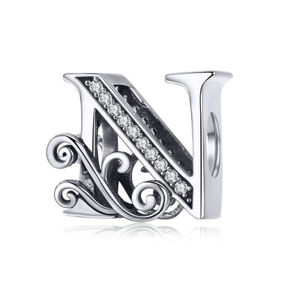 BAMOER 925 Sterling Silver Letter Vintage A to Z 26 Letter Charms Openwork CZ Alphabet Beads Fit Charm Bracelet BSC030