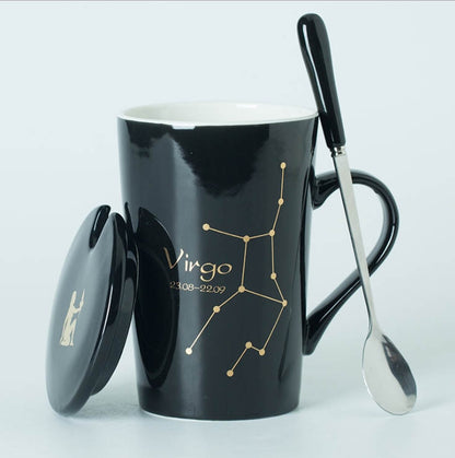 Ceramic Mugs 12 Constellations Creative Mugs with Spoon Lid Black and Gold Porcelain Zodiac Milk Coffee Cup Drinkware