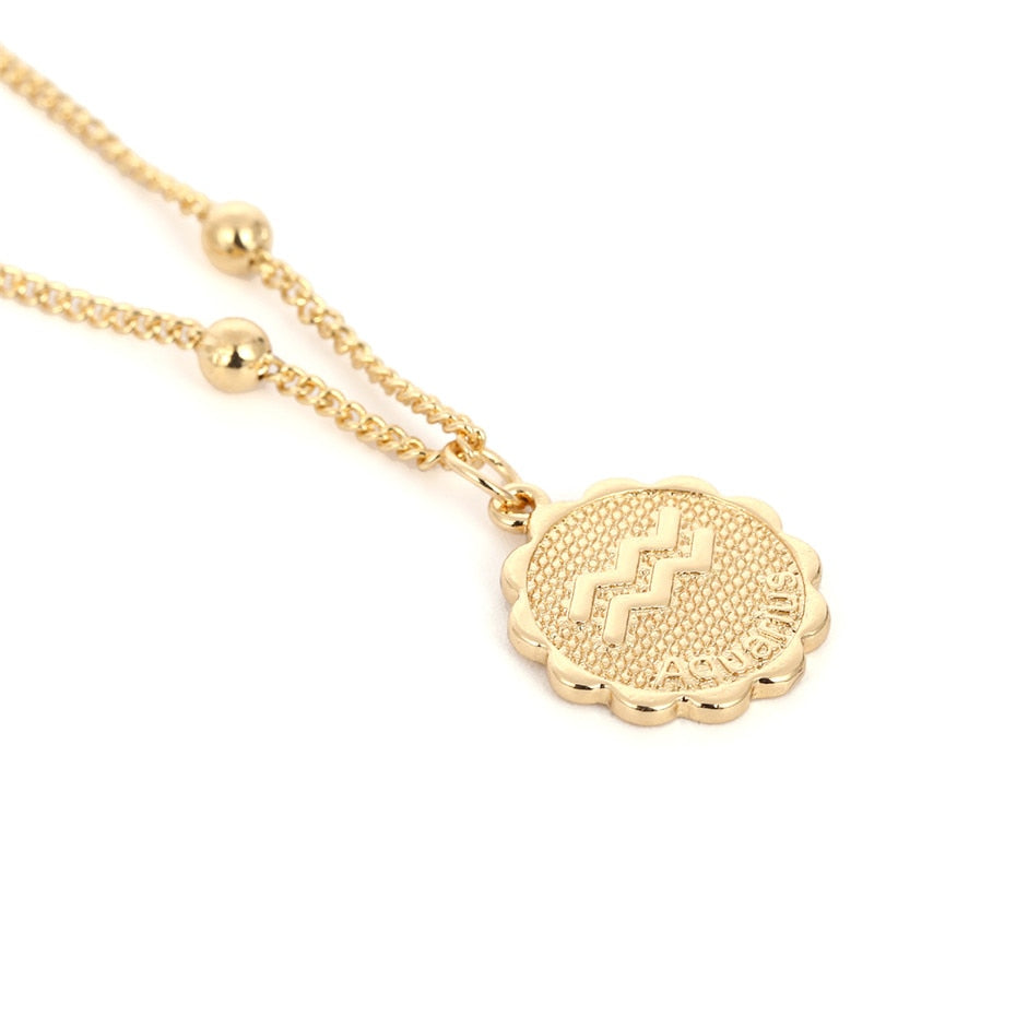 Ingemark 12 Zodiac Constellation Carve Coin Pendant Necklace Simple Copper Leo Beads Clavicle Chain Necklace Sexy Couple Jewelry