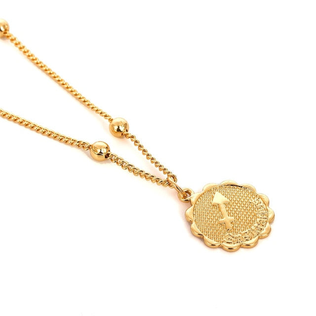 Ingemark 12 Zodiac Constellation Carve Coin Pendant Necklace Simple Copper Leo Beads Clavicle Chain Necklace Sexy Couple Jewelry