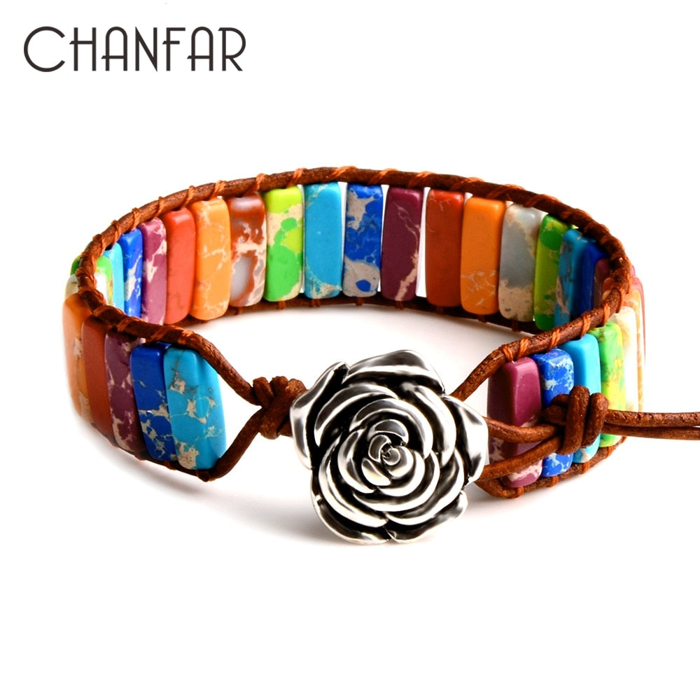 7 MultiColor Chakra Natural Stone Bracelet Bohemia Handmade Tube Beads Genuine Leather Wrap Bracelet Yoga Bracelets For Woman