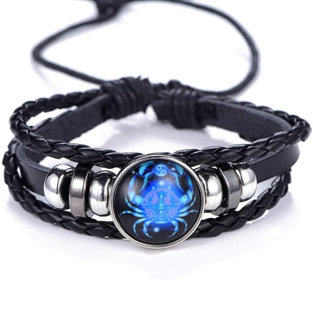 DropShipping Gemini Cancer Leo Virgo Libra Scorpio 12 Constellation Black punk Leather Bracelet Zodiac Bracelet for Men Women