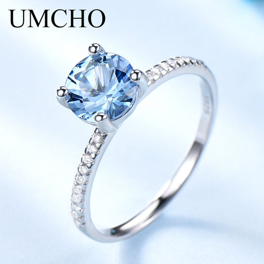 UMCHO  Created Sky Blue Topaz Gemstone 925 Sterling Silver Rings for Women Wedding Bands Engagement Gift Fine Jewelry Party Gift