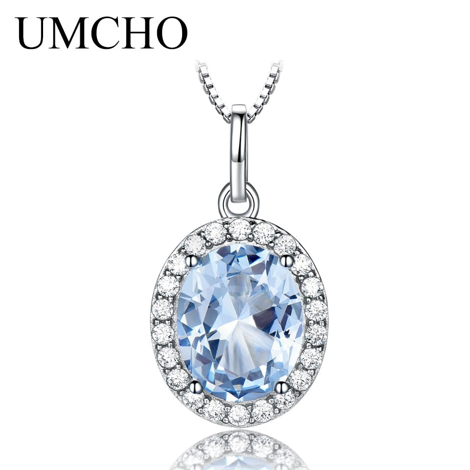 UMCHO Sky Blue Topaz Gemstone Pendants Necklaces for Women 925 Sterling Sliver Oval Romantic Wedding Gift Valentine&#39;s Jewelry