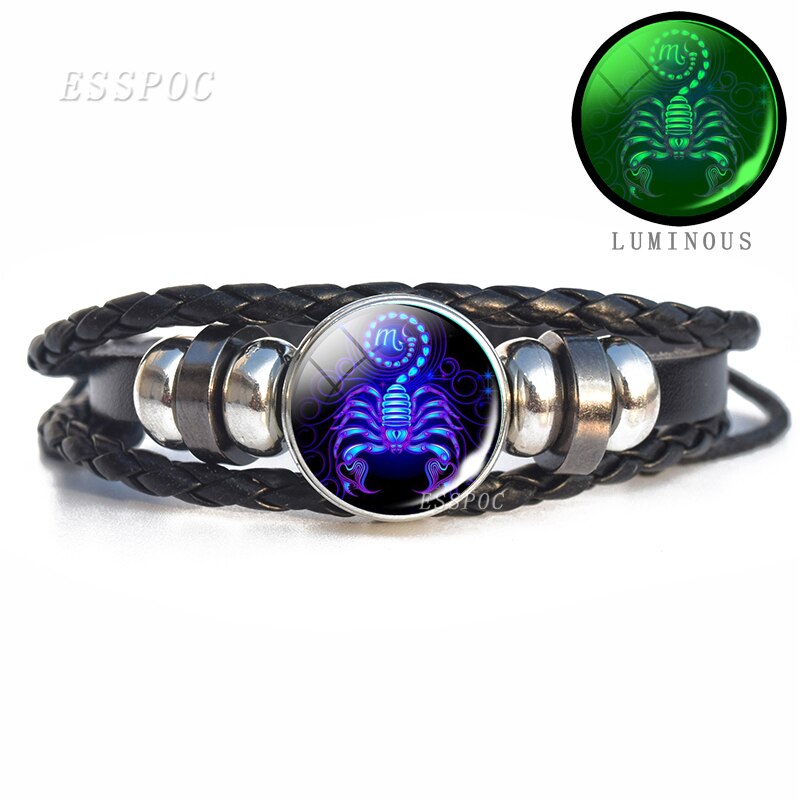 Luminous 12 Zodiac Signs Bracelet Men Women Punk Leather Bracelet Constellation Bracelet Zodiac Jewelry for Birthday Day Gift