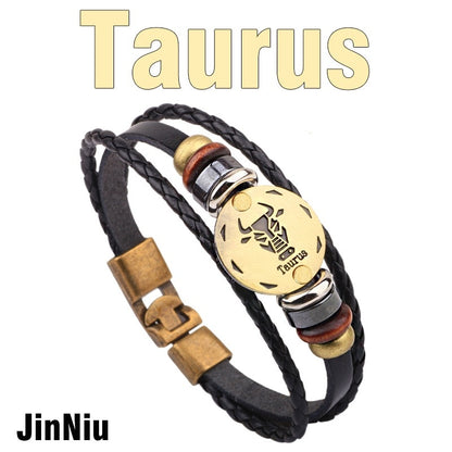 MNWT Fashionable Bronze Alloy Buckles Zodiac Signs Bracelet Men Casual Personality Lover Charm Jewelry Leather Punk Bracelets