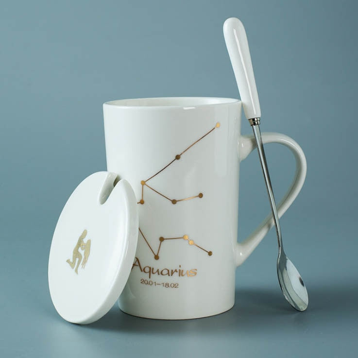 Ceramic Mugs 12 Constellations Creative Mugs with Spoon Lid Black and Gold Porcelain Zodiac Milk Coffee Cup Drinkware